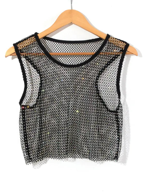 mesh flash diamond fishnet vest nightclub perspective hot girl T-shirt top kakaclo
