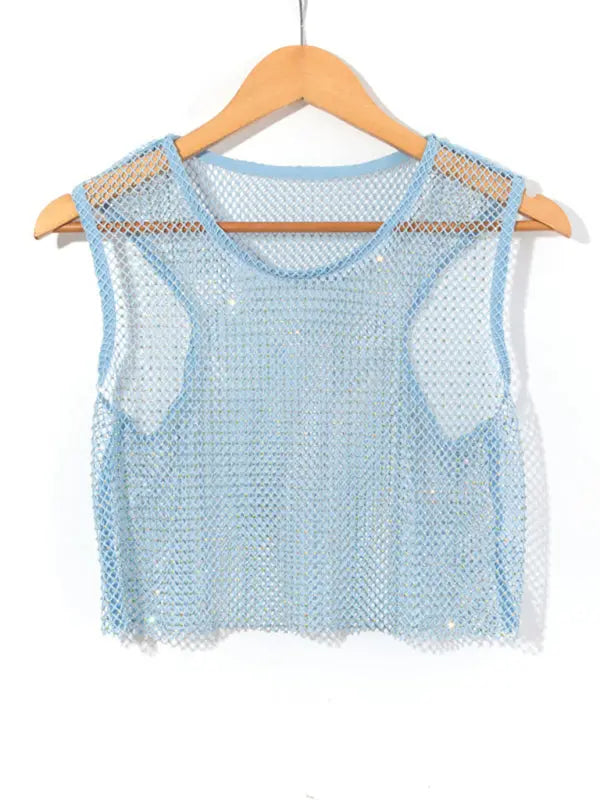 mesh flash diamond fishnet vest nightclub perspective hot girl T-shirt top kakaclo