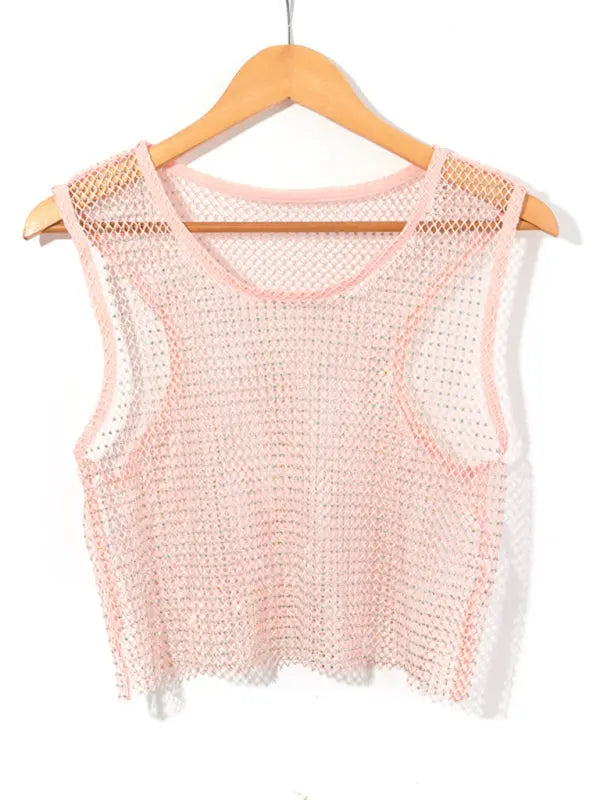 mesh flash diamond fishnet vest nightclub perspective hot girl T-shirt top kakaclo