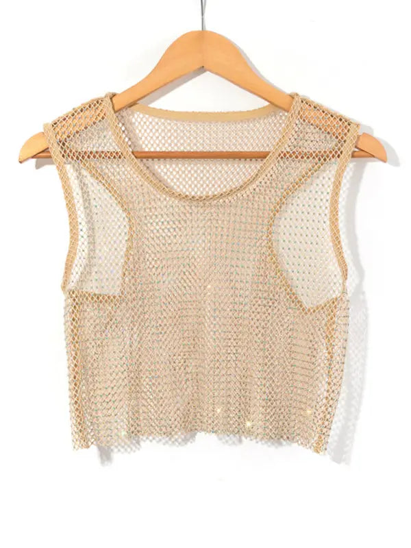 mesh flash diamond fishnet vest nightclub perspective hot girl T-shirt top kakaclo