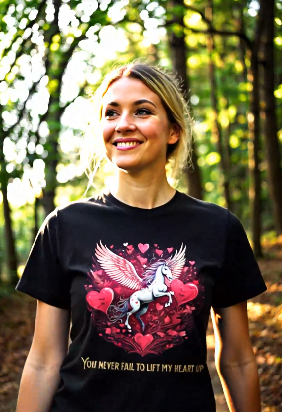 You never fail to lift my Heart up Valentine Unicorn T-Shirt-TOPS / DRESSES-[Adult]-[Female]-xs-black-2022 Online Blue Zone Planet