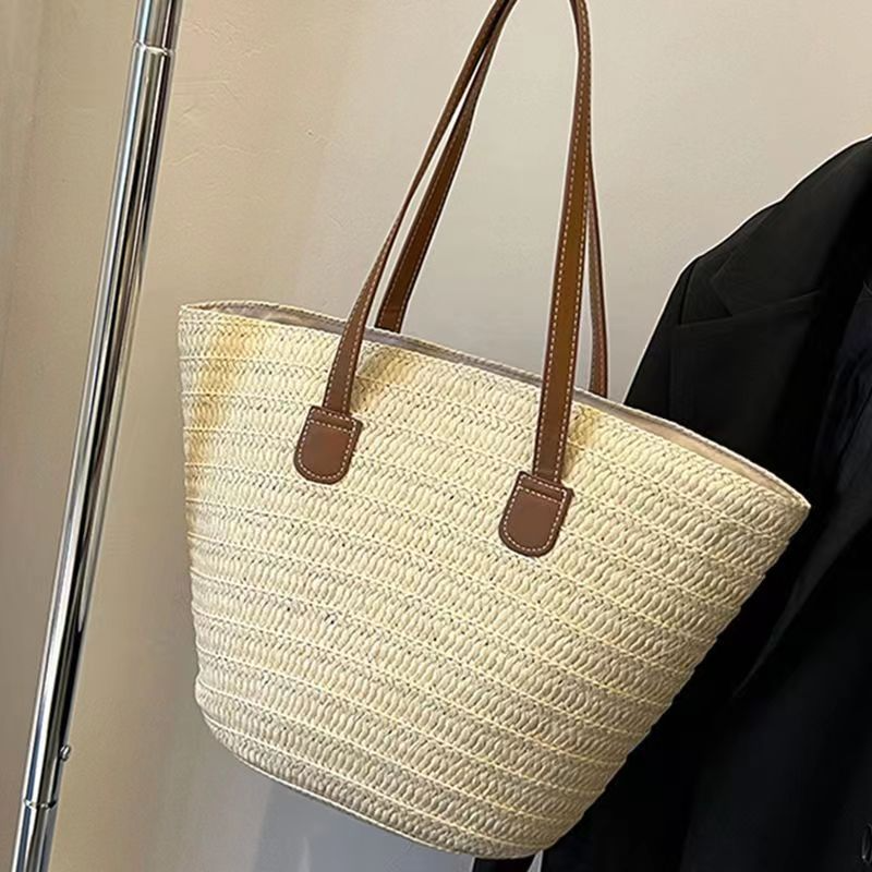 Single shoulder messenger woven bag women's new large capacity holiday beach bag commuter tote bag-[Adult]-[Female]-Cream-FREESIZE-2022 Online Blue Zone Planet