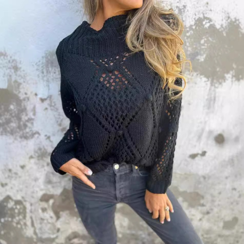 New Casual Loose Skeleton Sweater Round Neck Knit Top-[Adult]-[Female]-Black-S-2022 Online Blue Zone Planet