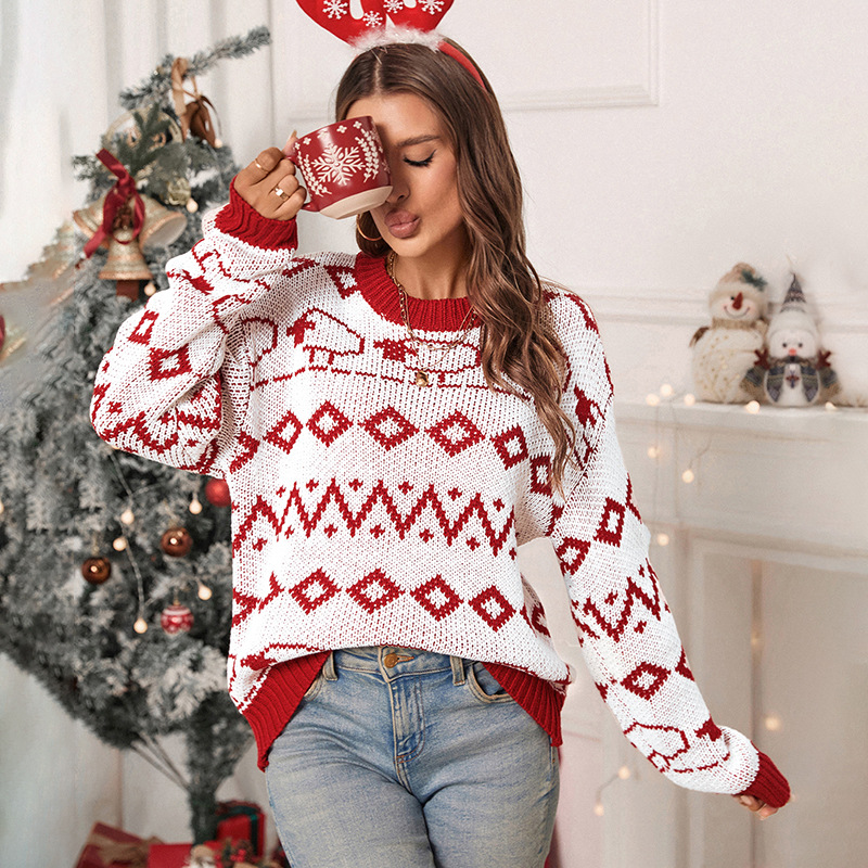 Anne's Long Sleeve Round Neck Knitted Christmas Sweater-TOPS / DRESSES-[Adult]-[Female]-Red-S-2022 Online Blue Zone Planet