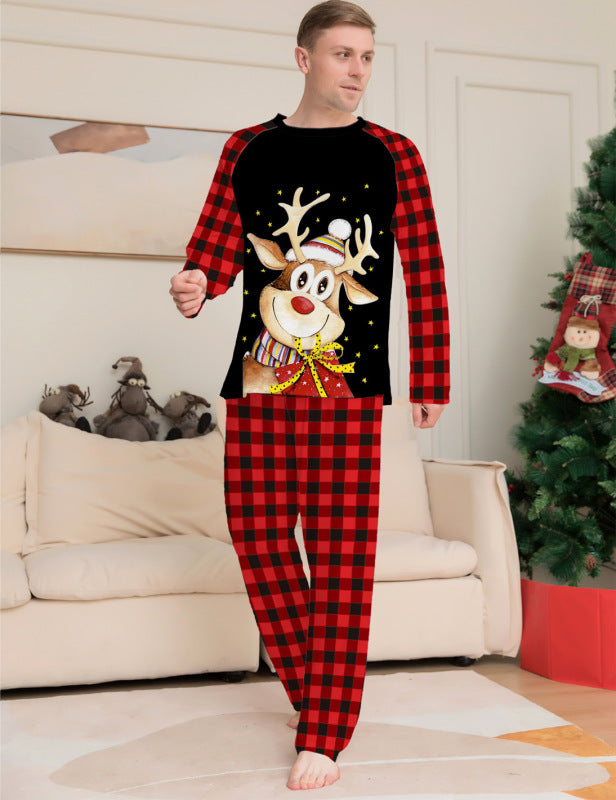 Cartoon deer plaid Christmas parent-child printed housewear pajamas-[Adult]-[Female]-Red Christmas Print 2-S-2022 Online Blue Zone Planet