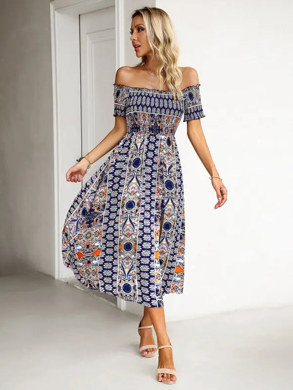 one-shoulder bohemian slit dress BLUE ZONE PLANET