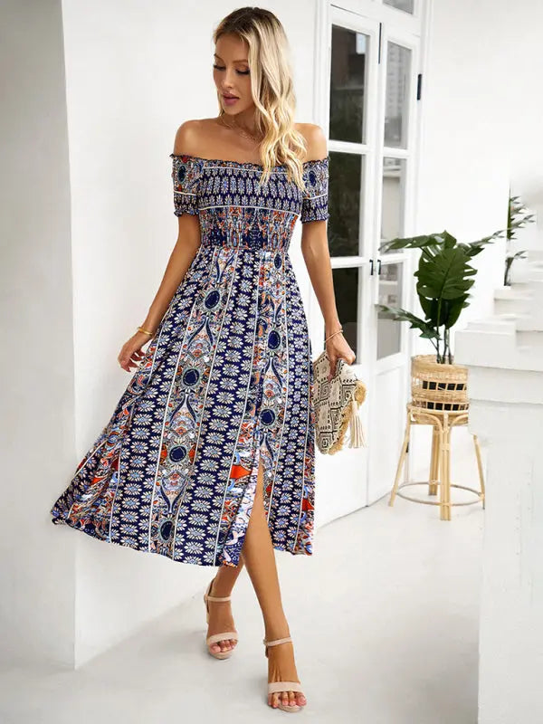 one-shoulder bohemian slit dress BLUE ZONE PLANET