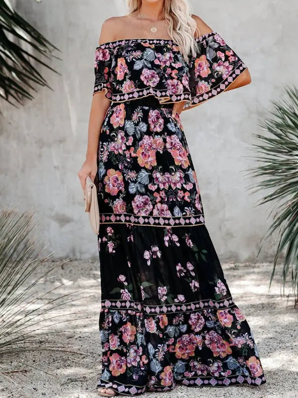 one-shoulder printed long swing dress BLUE ZONE PLANET