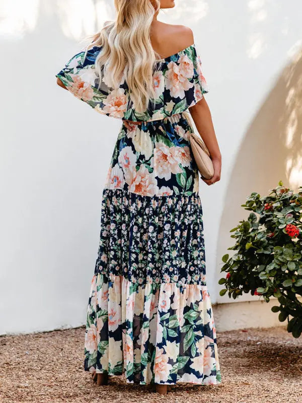 one-shoulder printed long swing dress BLUE ZONE PLANET