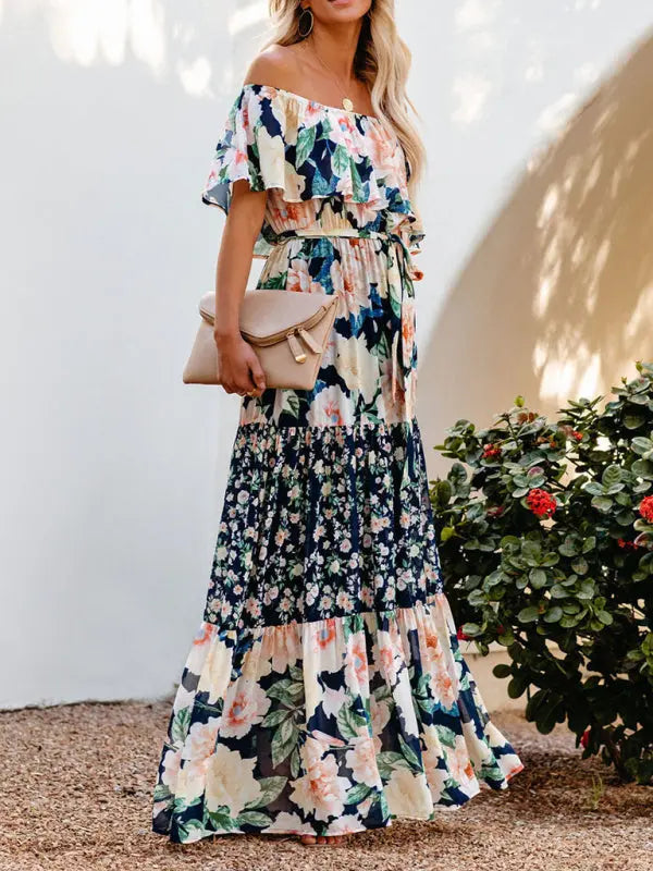 one-shoulder printed long swing dress BLUE ZONE PLANET