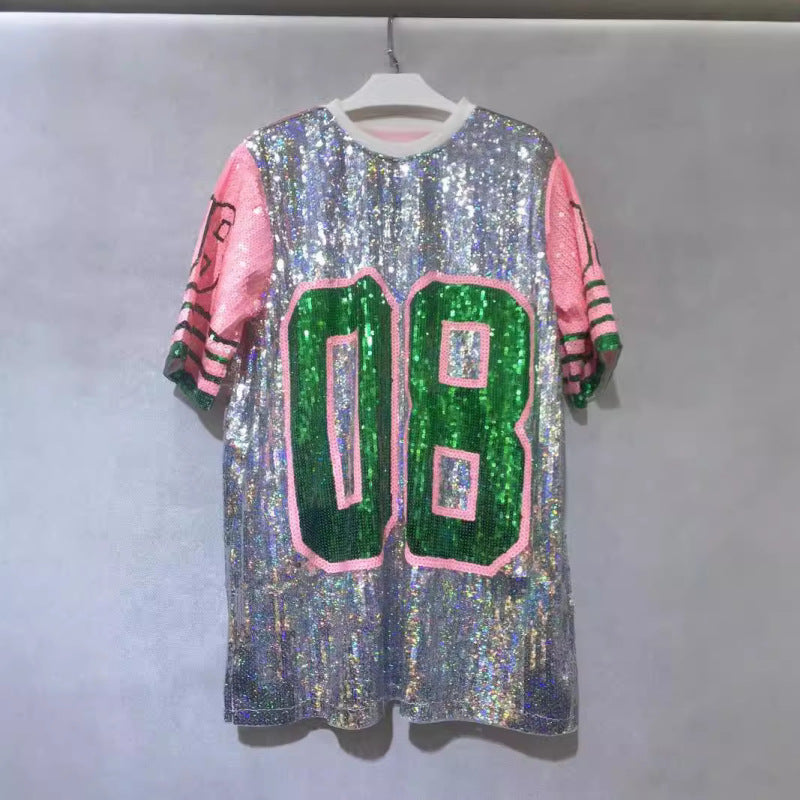 Women's Sequin Loose T-shirt Round Neck Half Sleeve Top-[Adult]-[Female]-Silver grey-F-2022 Online Blue Zone Planet
