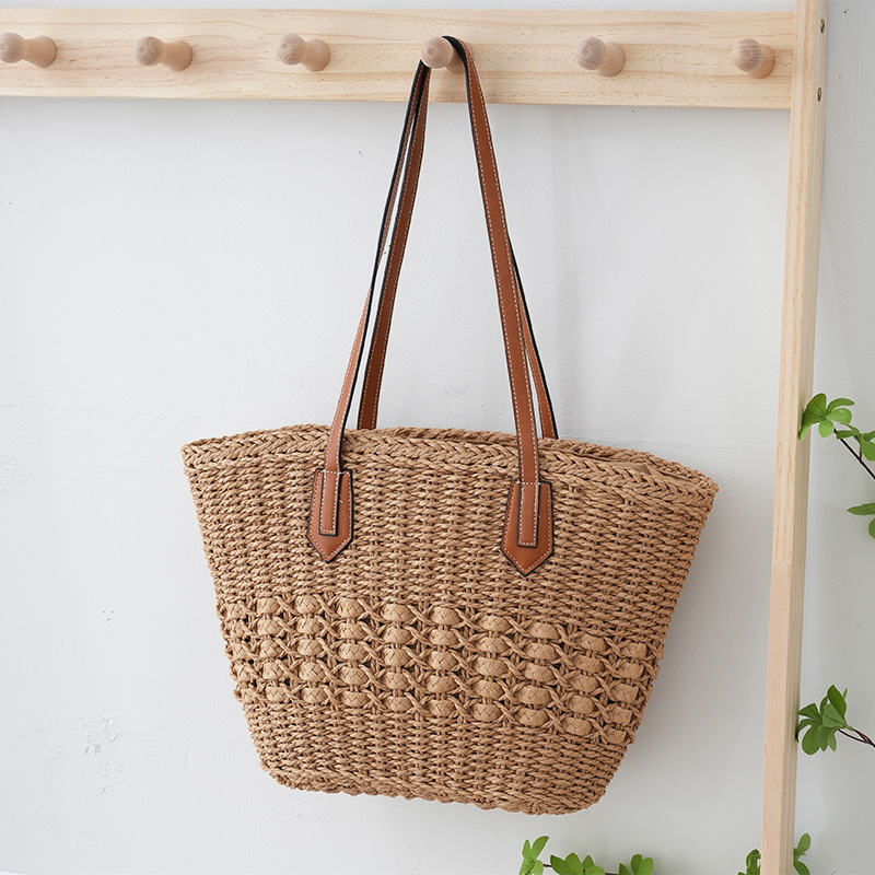 New single shoulder straw bag fashion beach vacation large capacity handbag tote bag-[Adult]-[Female]-Dark Brown-FREESIZE-2022 Online Blue Zone Planet