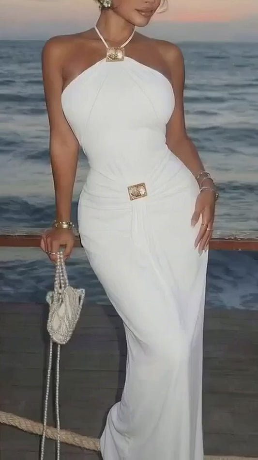 Natalie's Backless Ruched Halter Neck Maxi Dress