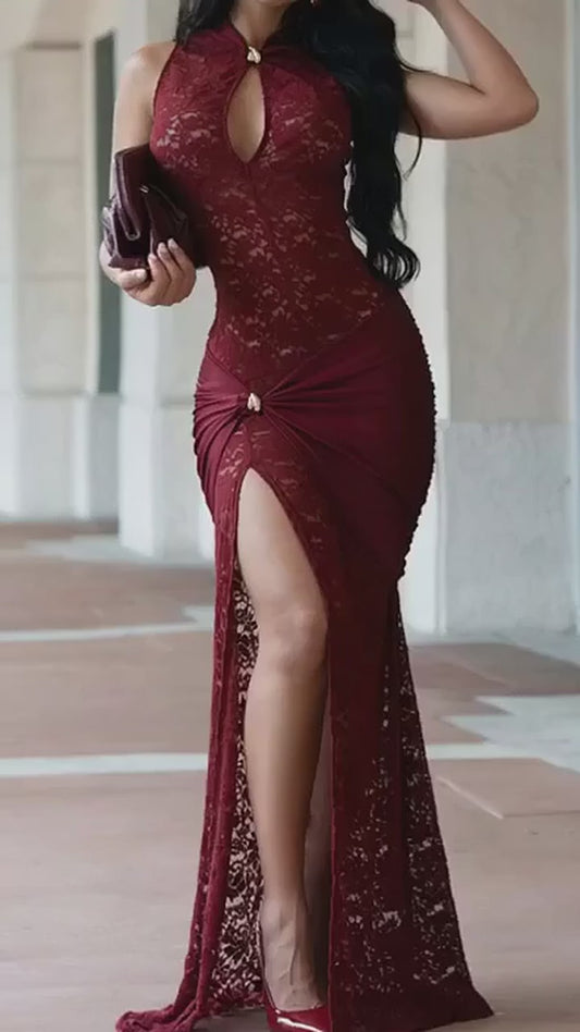Vanessa's Lace Keyhole High-Slit Maxi Dress