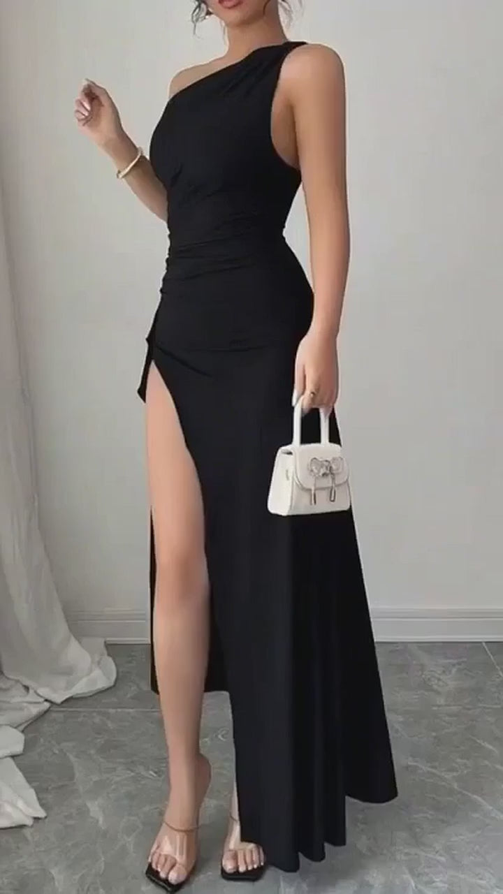 Rina's One-Shoulder Ruched High-Slit Maxi Dress