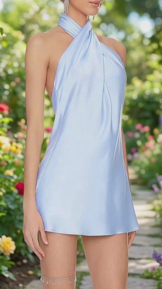 Blue Zone Planet | Mia's Crossover Backless Halter Neck Mini Dress