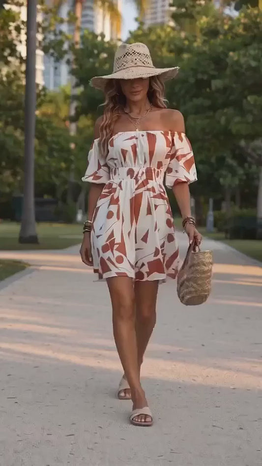 Gina's Printed Off-Shoulder Smocked Waist Mini Dress