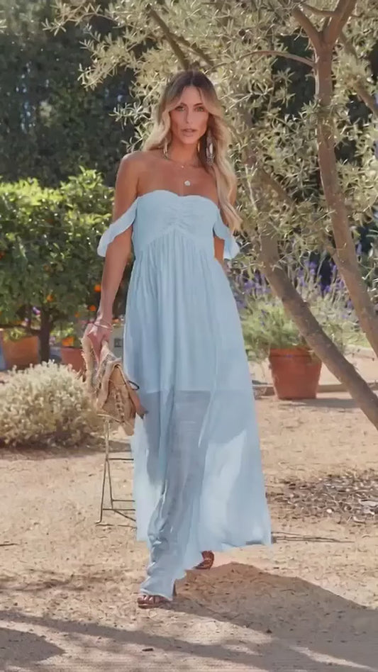 Laura's Sky Blue Off Shoulder Ruched Bust Sheer Slit Maxi Dress