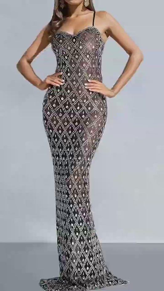 Jolie's Glamorous Rhinestone Embellished Sheer Mesh Floor Length Dress