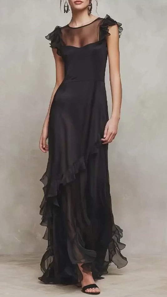 Suzy's Sheer Ruffle Trim Maxi Dress