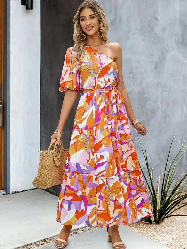 printed elegant one-shoulder long dress BLUE ZONE PLANET