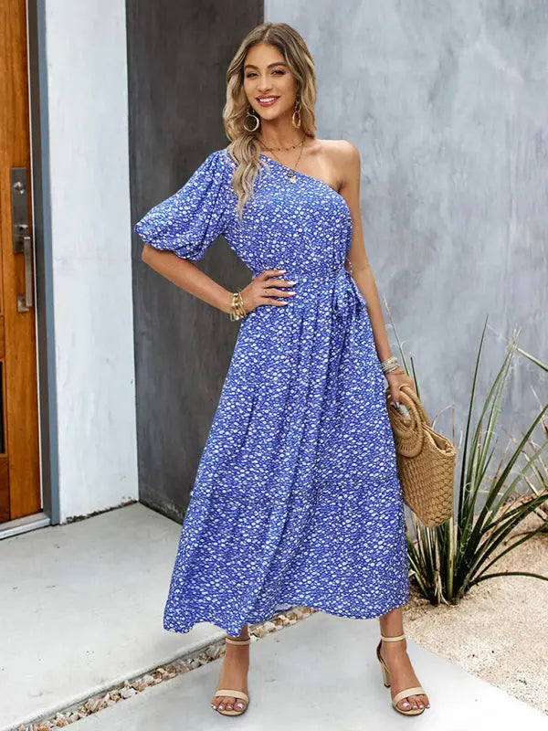 printed elegant one-shoulder long dress BLUE ZONE PLANET