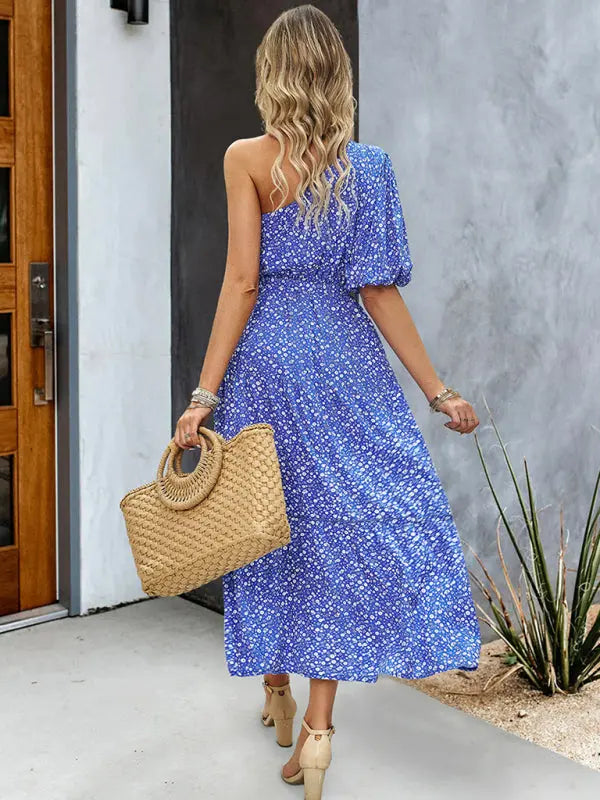 printed elegant one-shoulder long dress BLUE ZONE PLANET