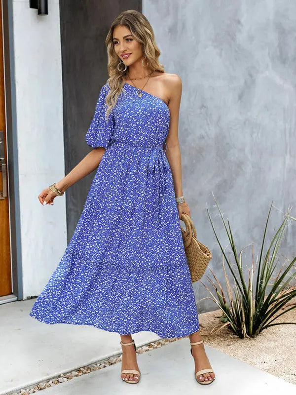 printed elegant one-shoulder long dress BLUE ZONE PLANET