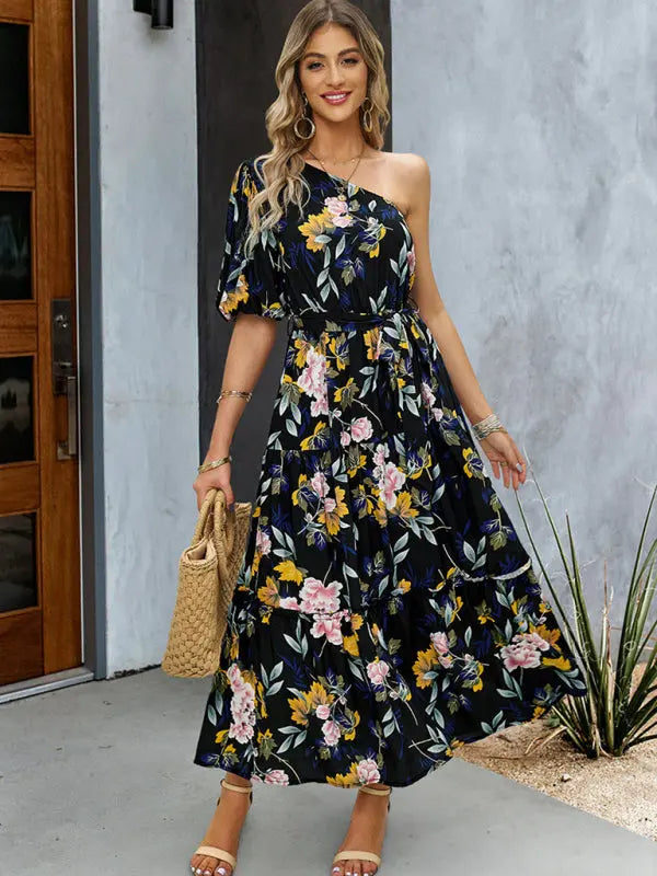 printed elegant one-shoulder long dress BLUE ZONE PLANET