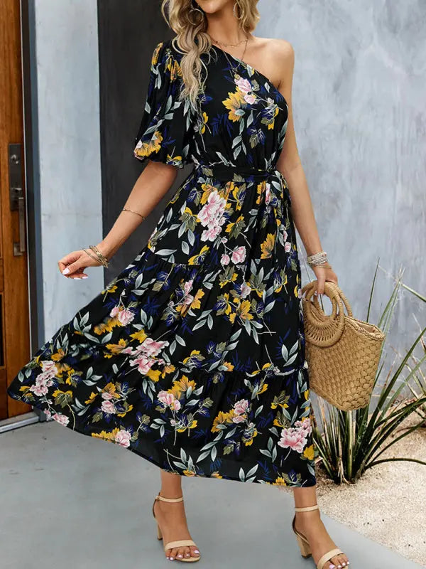 printed elegant one-shoulder long dress BLUE ZONE PLANET