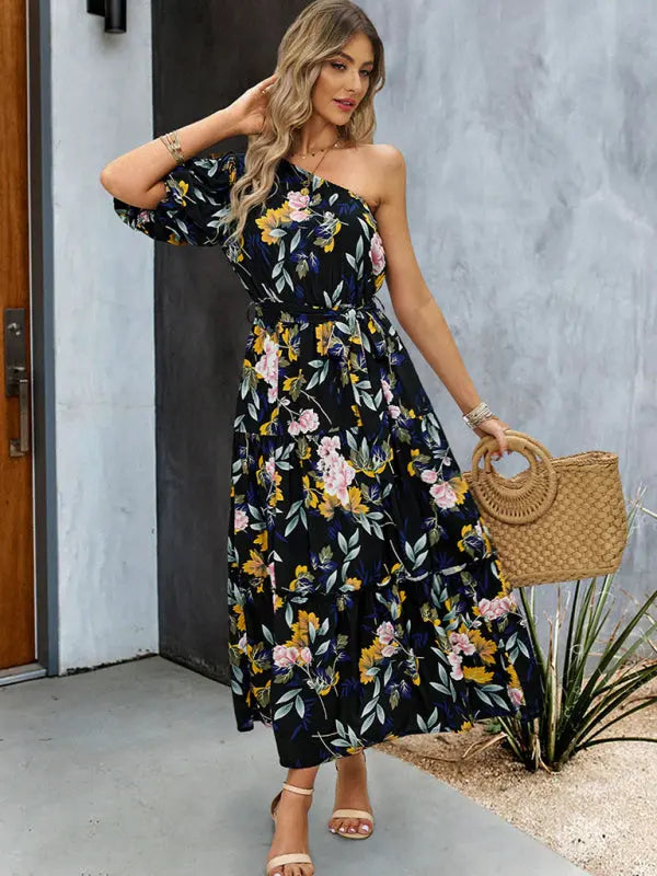 printed elegant one-shoulder long dress BLUE ZONE PLANET