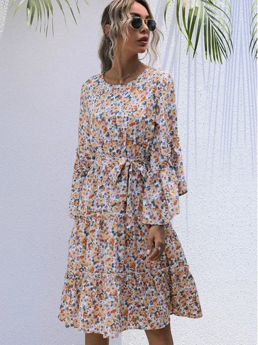 printing line with long -sleeved floral dresses in autumn and winter kakaclo