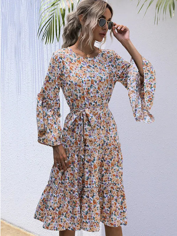 printing line with long -sleeved floral dresses in autumn and winter kakaclo