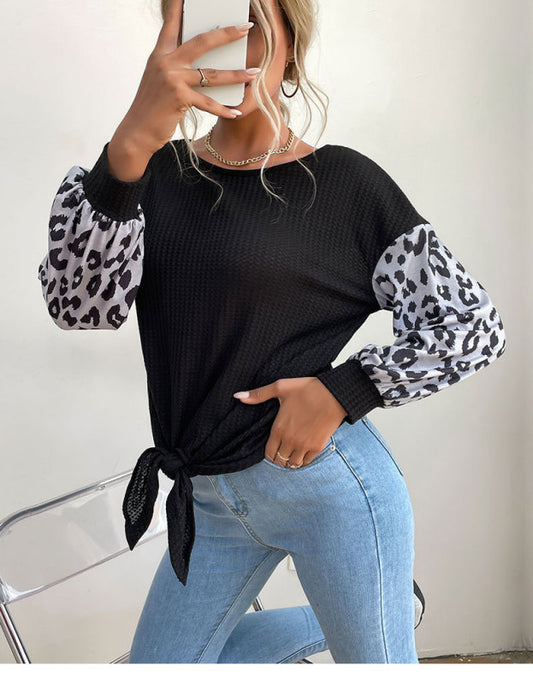Round Neck Long Sleeve Panelled Leopard Print Black Knit Sweater BLUE ZONE PLANET