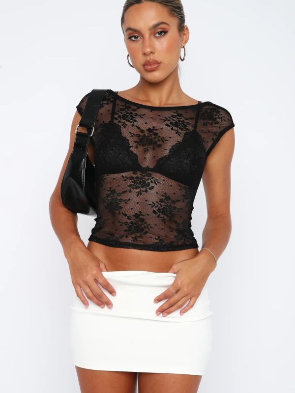 Lace Mesh Backless Top for Women Sheer See-through T-shirt BLUE ZONE PLANET