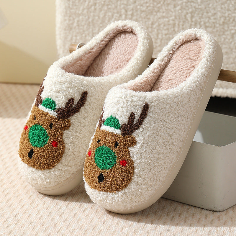 Christmas Cute Elk Pattern Cotton Slippers Indoor Home Plush Warm Slippers-[Adult]-[Female]-Green-36/37-2022 Online Blue Zone Planet