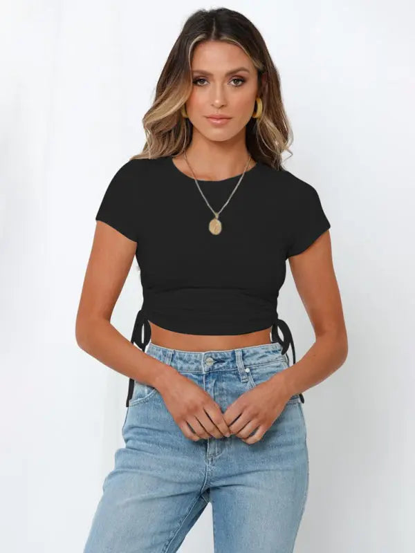 sexy pit strip navel short drawstring tie round neck short-sleeved T-shirt BLUE ZONE PLANET