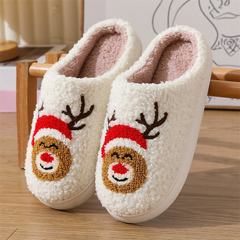 Christmas cute Christmas deer pattern cotton slippers indoor home plush warm slippers-[Adult]-[Female]-White-36/37-2022 Online Blue Zone Planet