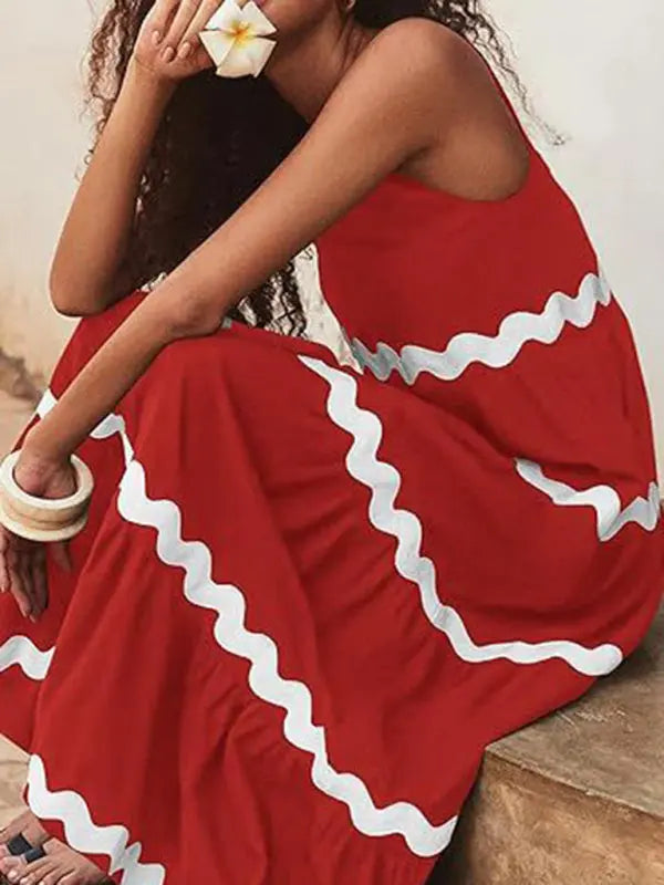 simple u-shaped collar corrugated tube top solid color A-line spaghetti strap skirt BLUE ZONE PLANET
