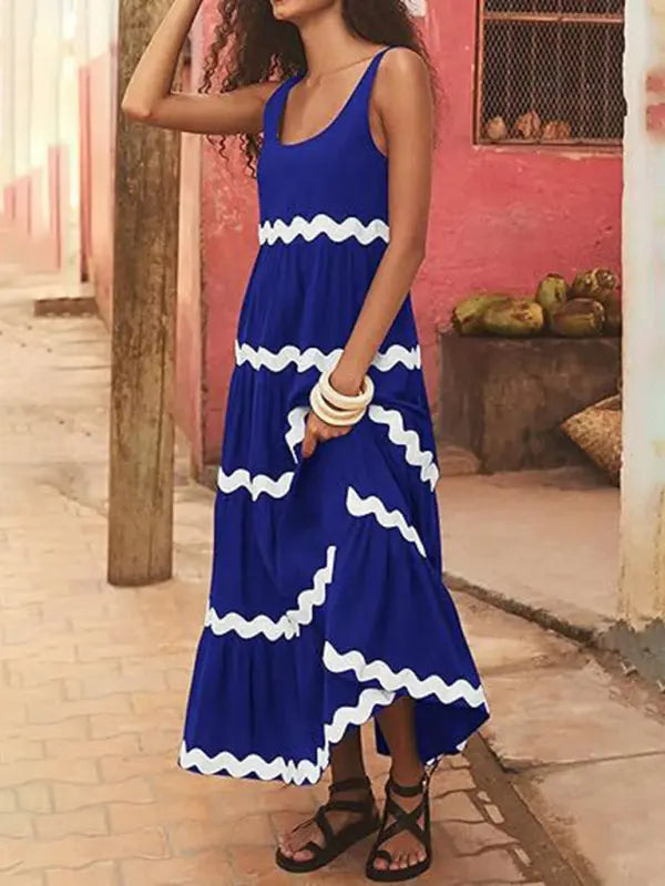 simple u-shaped collar corrugated tube top solid color A-line spaghetti strap skirt BLUE ZONE PLANET