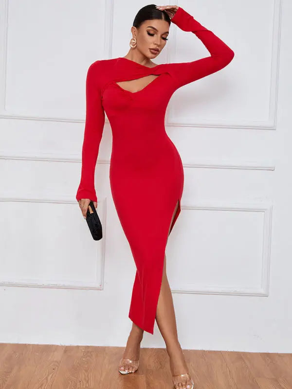 slim package hip tight dress open long-sleeved dress BLUE ZONE PLANET