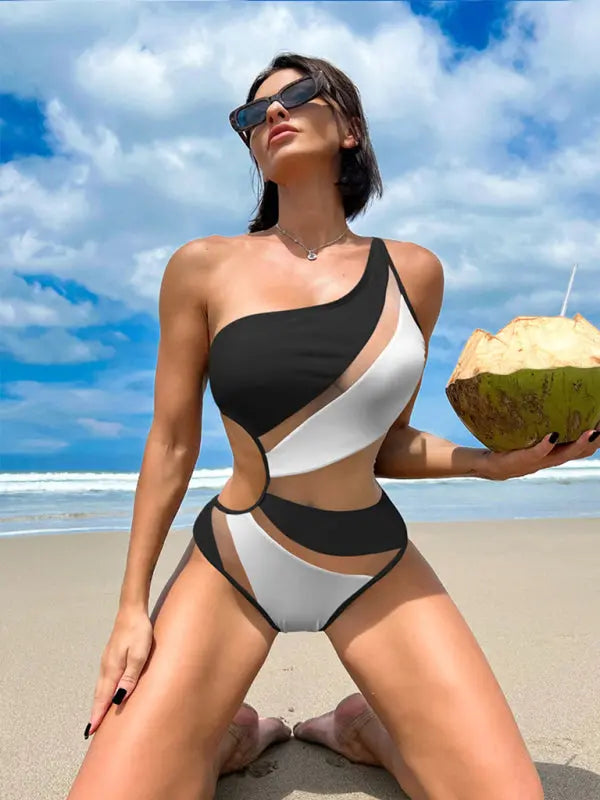 solid color hollow mesh bikini one-piece swimsuit BLUE ZONE PLANET