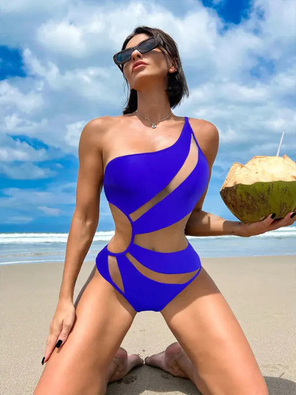 solid color hollow mesh bikini one-piece swimsuit BLUE ZONE PLANET