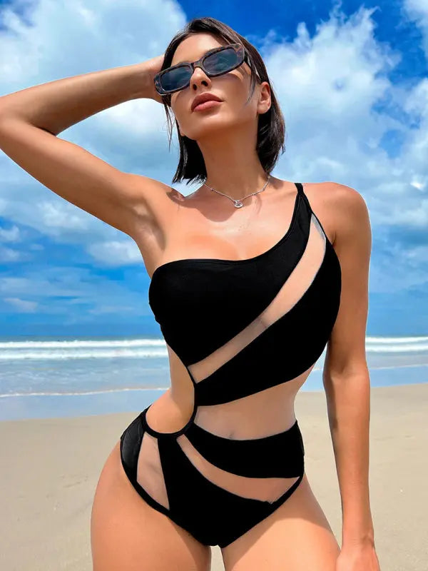 solid color hollow mesh bikini one-piece swimsuit BLUE ZONE PLANET