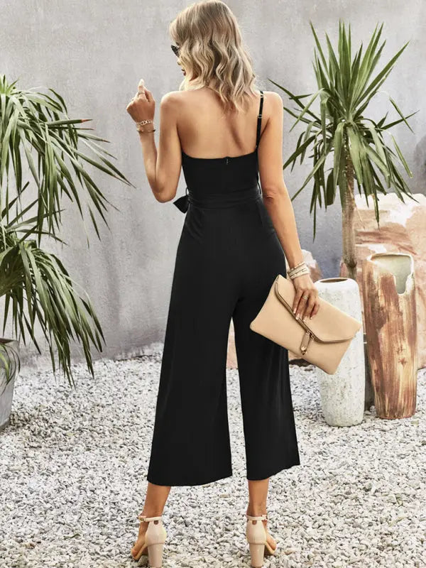 solid color one-shoulder tie jumpsuit kakaclo