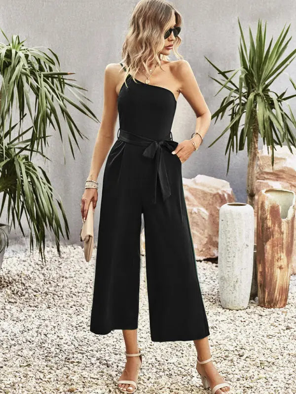 solid color one-shoulder tie jumpsuit kakaclo