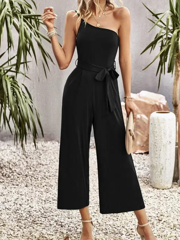 solid color one-shoulder tie jumpsuit kakaclo