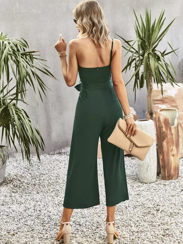 solid color one-shoulder tie jumpsuit kakaclo