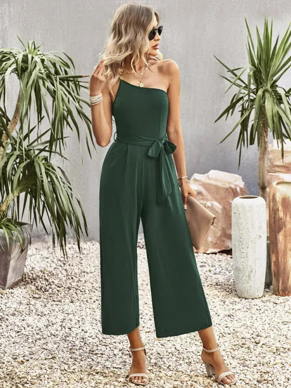 solid color one-shoulder tie jumpsuit kakaclo