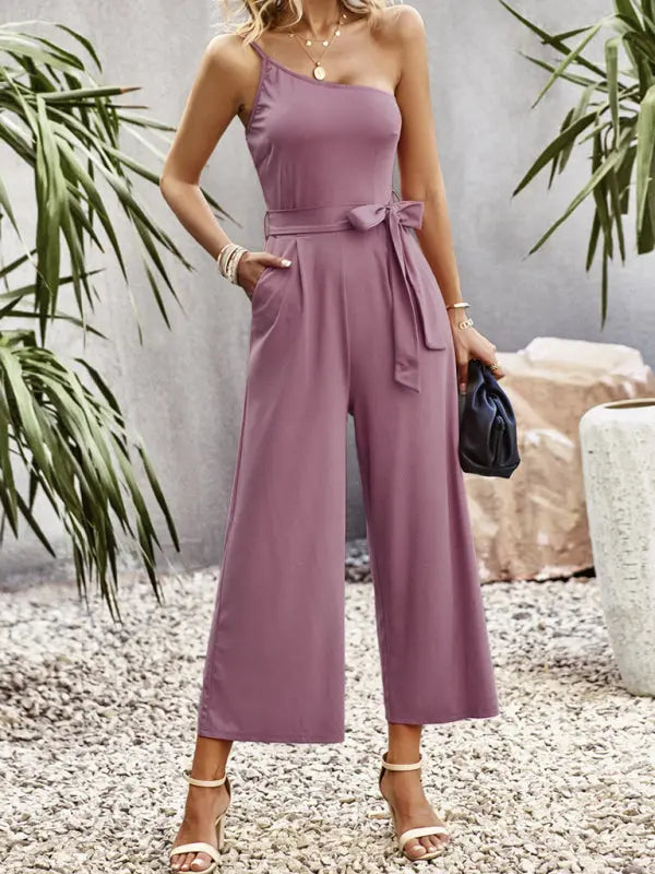 solid color one-shoulder tie jumpsuit kakaclo